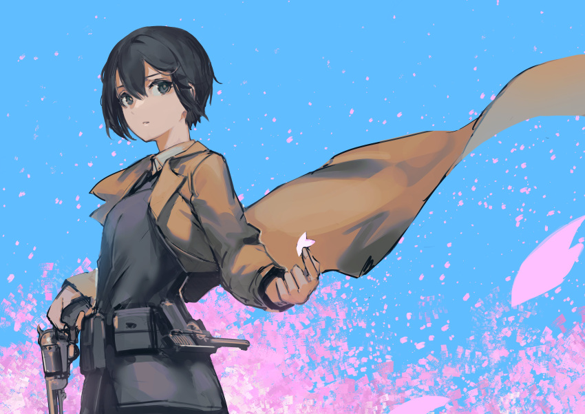 1girl, absurdres, androgynous, black_eyes, black_hair, blue_background, breasts, brown_coat