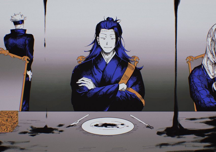 3boys, ^_^, blindfold, blue_jacket, blue_kimono, blue_pants, chair, closed_eyes