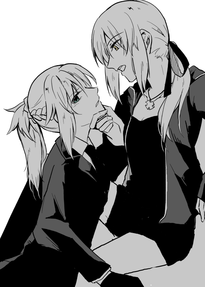 2girls, artoria_pendragon_(all), black_jacket, black_shirt, black_suit, chin_grab, fate/apocrypha, fate/grand_order
