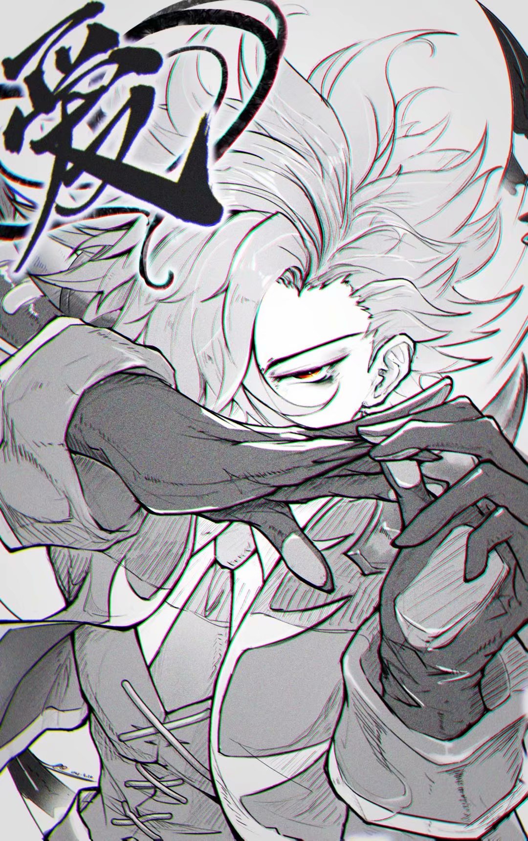1boy, 5tanfusiji, adam_(sk8), armor, chinese_commentary, chromatic_aberration, collared_shirt, commentary_request, covered_mouth, cross-laced_clothes, eyebrows_behind_hair, glove_pull, gloves, hair_over_one_eye, highres, jacket, kanji, long_sleeves, looking_at_viewer, male_focus, monochrome, necktie, no_mask, one_eye_covered, orange_eyes, shirt, short_hair, shoulder_armor, sk8_the_infinity, sleeve_cuffs, solo, spaulders, spikes, spot_color, upper_body, waistcoat