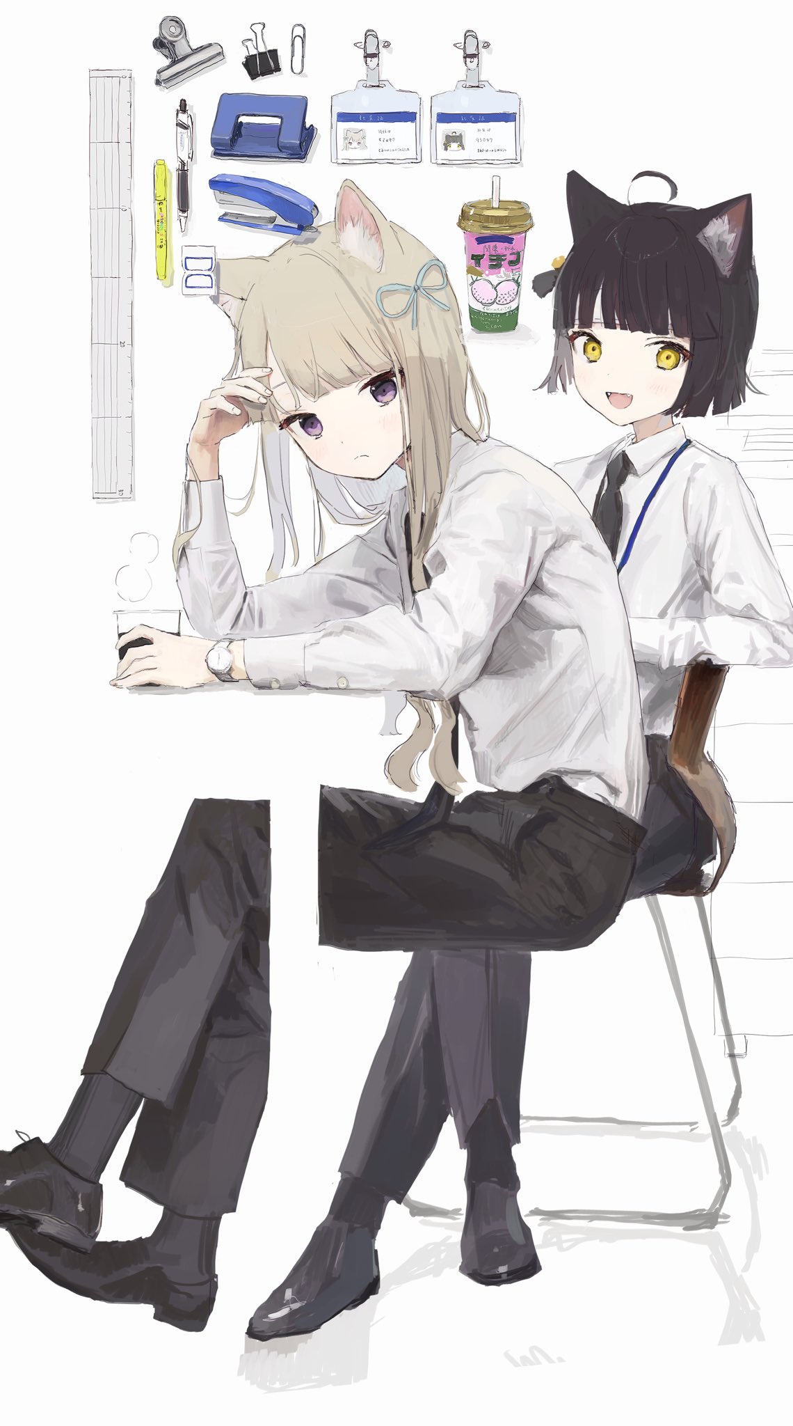2girls, animal_ears, black_footwear, black_hair, black_legwear, black_neckwear, black_pants, boots