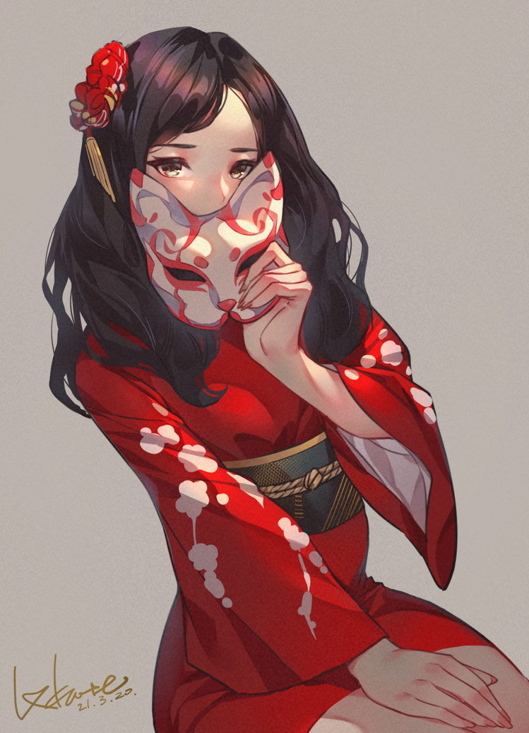 1girl, bangs, black_hair, blush, brown_eyes, commentary_request, dated, fox_mask