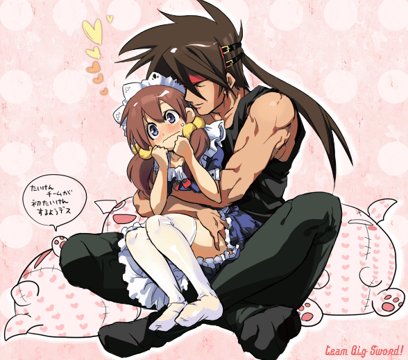 arcana_heart, blue_eyes, brown_hair, couple, crossover, dress, fiona_mayfield, guilty_gear