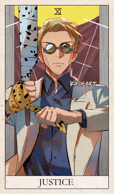 1boy, animal_print, artist_name, beige_border, blonde_hair, blue_eyes, blue_shirt, border, buttons, clenched_hands, closed_mouth, collared_shirt, commentary, english_commentary, english_text, forehead, formal, glasses, goggles, green-tinted_eyewear, grey-framed_eyewear, half-closed_eyes, hand_wraps, hands_up, holding, holding_sword, holding_weapon, jacket, jpeg_artifacts, jujutsu_kaisen, justice_(tarot), kadeart, leopard_print, long_sleeves, looking_at_viewer, male_focus, nanami_kento, necktie, necktie_removed, open_clothes, open_jacket, pillar, pince-nez, roman_numeral, shirt, short_hair, signature, solo, standing, suit, sword, tarot, upper_body, weapon, white_jacket, yellow_neckwear
