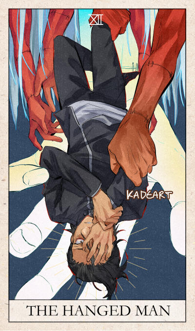 2boys, arm_grab, artist_name, beige_border, black_hair, black_jacket, black_pants, blue_hair