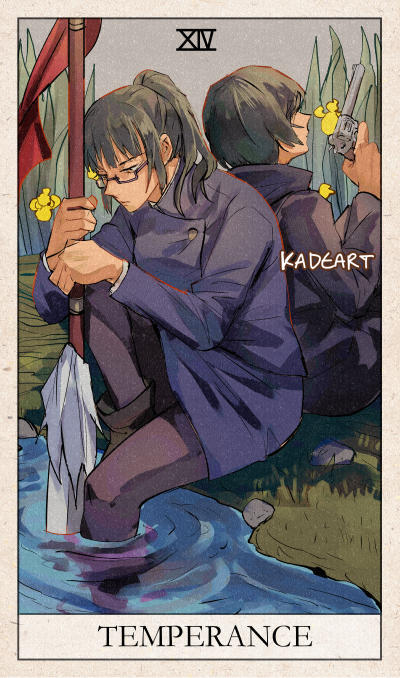 2girls, artist_name, back-to-back, bangs, beige_border, black_footwear, black_legwear, blue_jacket