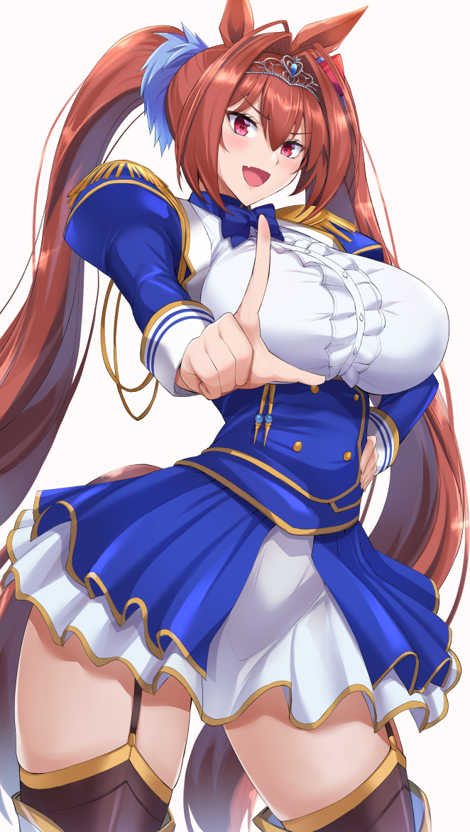 1girl, animal_ears, bangs, blue_dress, blush, breasts, brown_hair, daiwa_scarlet, dress, epaulettes, hair_intakes, horse_ears, horse_girl, horse_tail, kumakichi_(cost-lost), large_breasts, long_hair, long_sleeves, looking_at_viewer, open_mouth, pointing, pointing_at_viewer, red_eyes, smile, tail, thigh-highs, tiara, twintails, umamusume, white_legwear