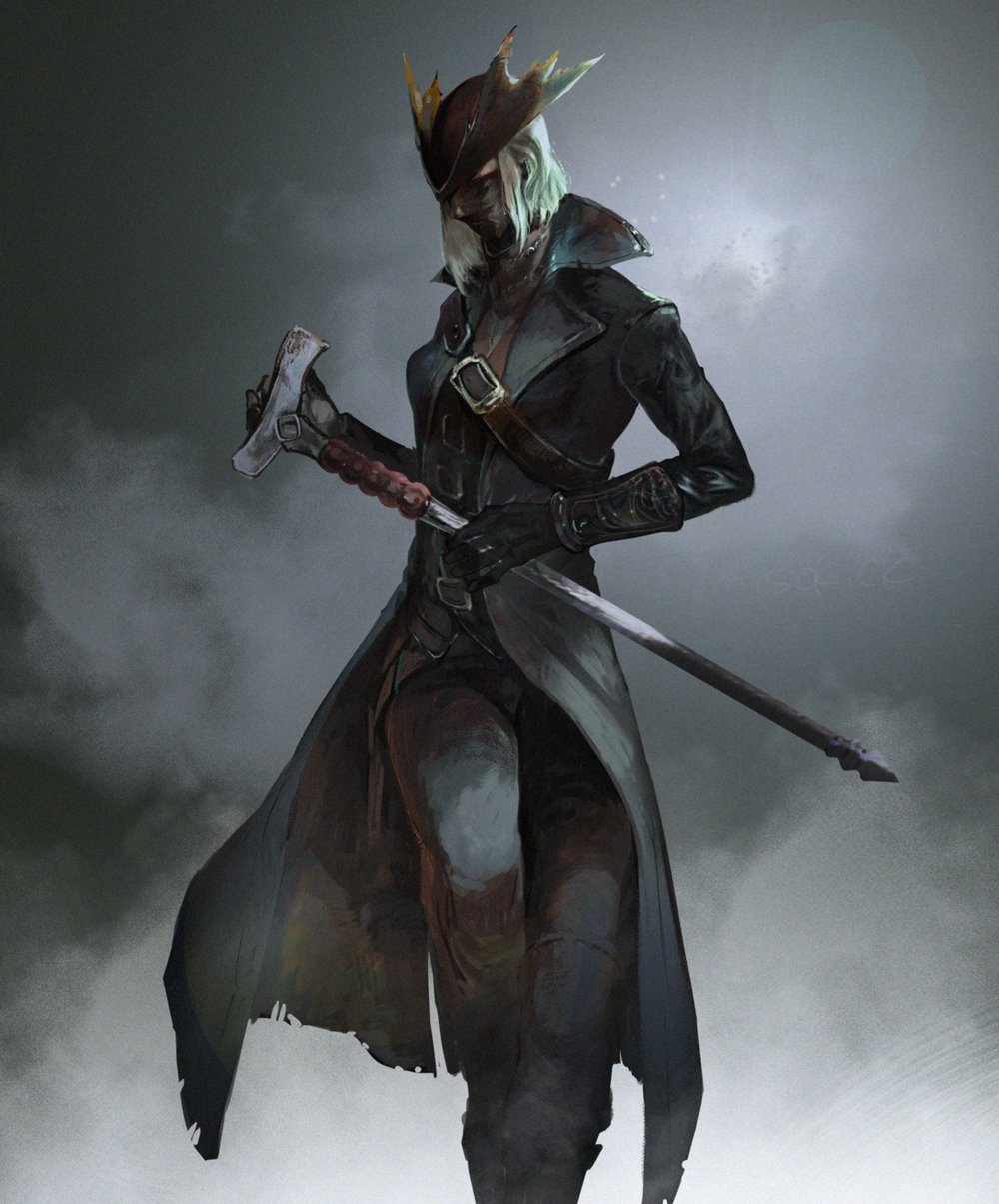 1girl, black_coat, black_gloves, black_headwear, black_pants, bloodborne, brown_shirt, cane