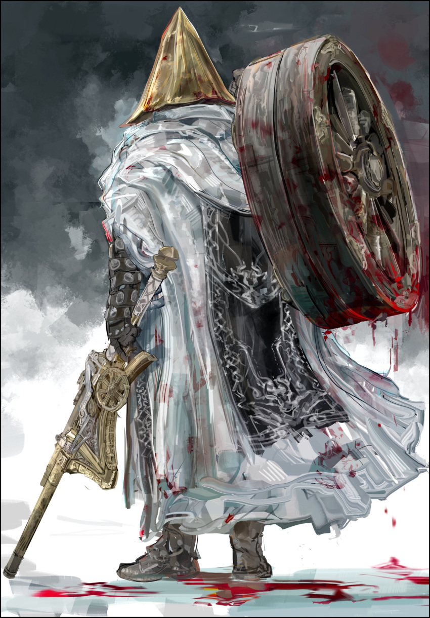 1boy, absurdres, alfred_(bloodborne), armor, blood, bloodborne, bloody_clothes, bloody_weapon