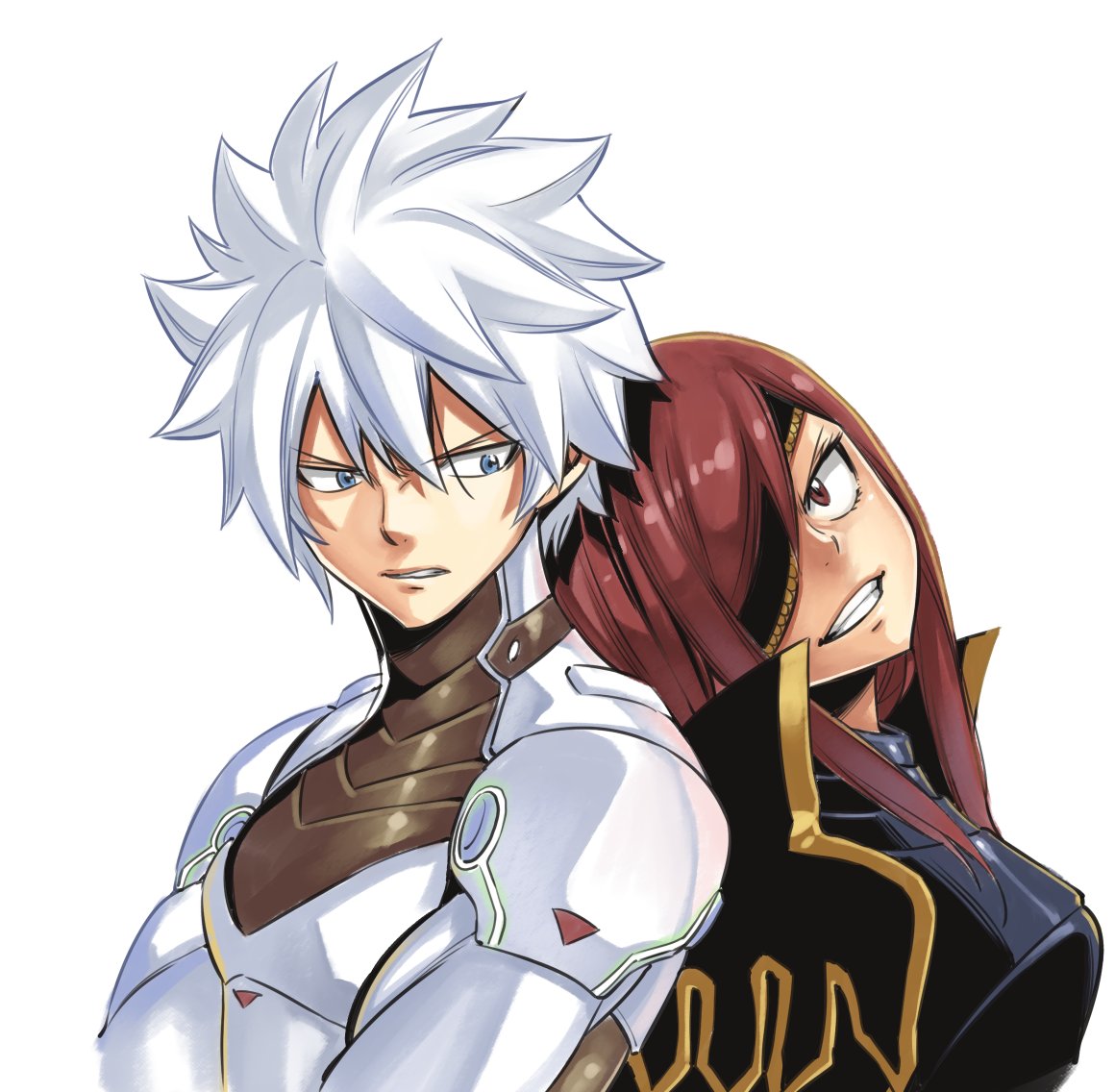 1boy, 1girl, back-to-back, bangs, blue_eyes, brown_eyes, clenched_teeth, eden's_zero, elsie_crimson, eyepatch, grin, justice_(eden's_zero), long_hair, mashima_hiro, official_art, redhead, shiny, shiny_hair, silver_hair, simple_background, smile, spiky_hair, swept_bangs, teeth, upper_body, white_background