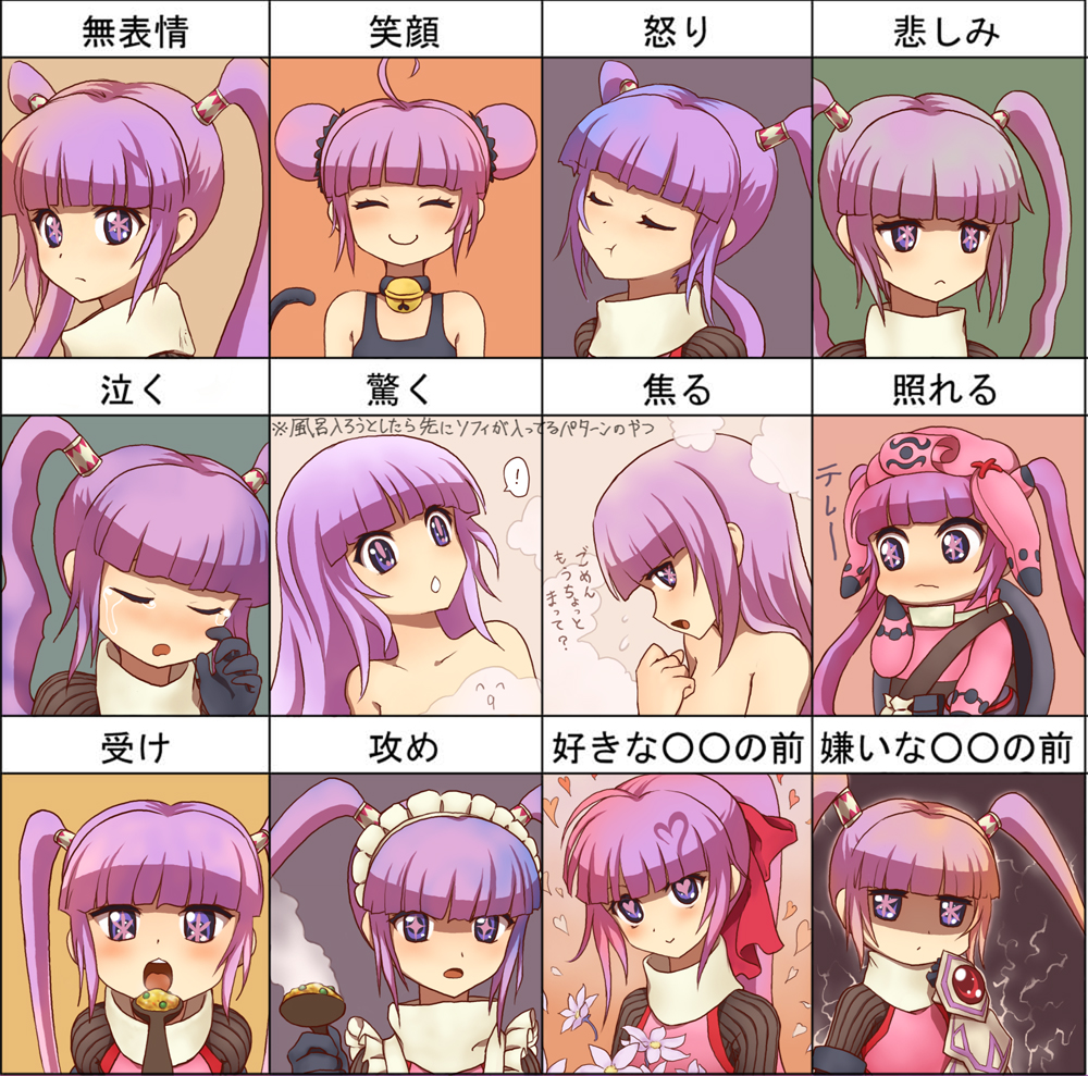 1girl, :t, alternate_hairstyle, bare_shoulders, blue_eyes, chart, chibi, closed_eyes, double_bun, feeding, flower, hair_down, hat, long_hair, multicolored_eyes, multiple_persona, open_mouth, pikorasu, ponytail, purple_eyes, purple_hair, smile, sophie_(tales_of_graces), spoon, symbol-shaped_pupils, tales_of_(series), tales_of_graces, tears, twintails, violet_eyes
