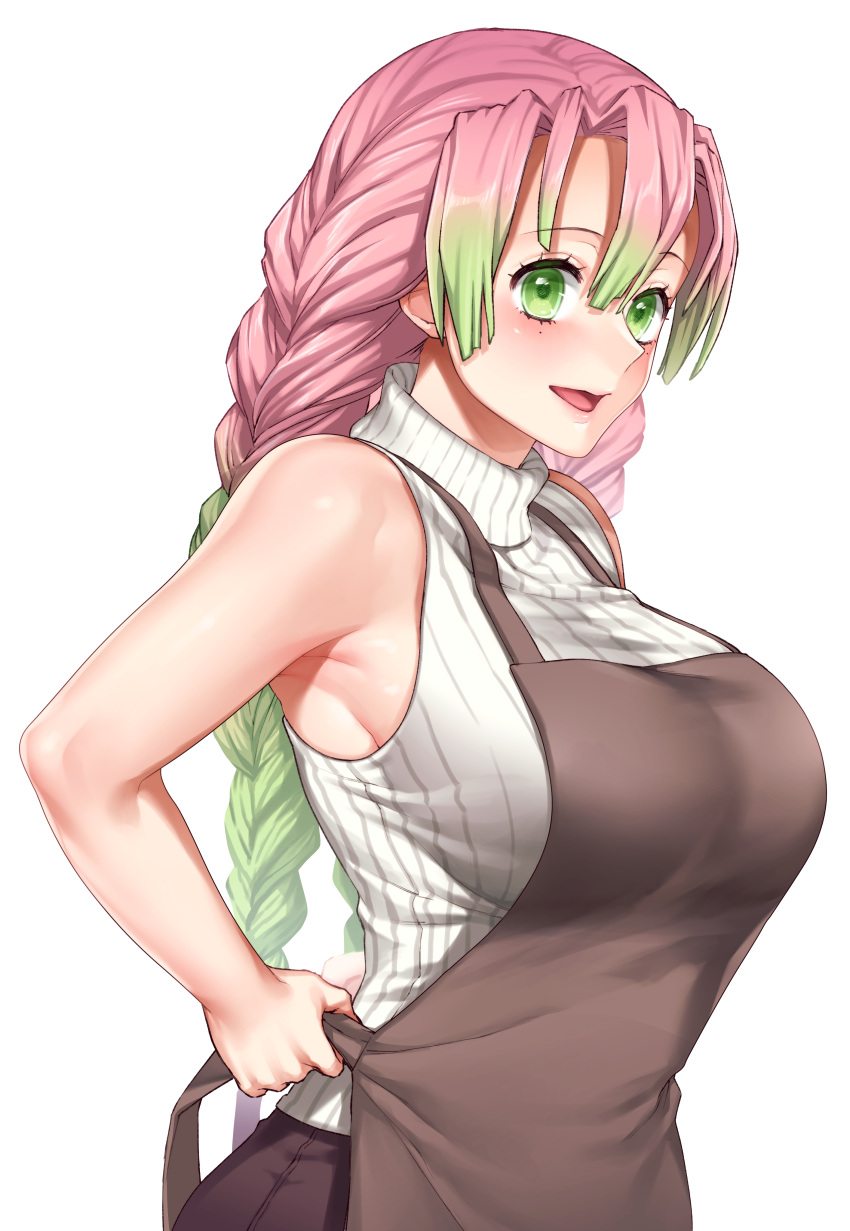1girl, absurdres, alternate_costume, apron, black_skirt, braid, breasts, brown_apron, commentary_request, from_side, gradient_hair, green_eyes, green_hair, highres, kanroji_mitsuri, large_breasts, long_hair, miyotarou, mole, mole_under_eye, multicolored_hair, open_mouth, pink_hair, ribbed_sweater, simple_background, single_braid, skirt, solo, sweater, turtleneck, turtleneck_sweater, two-tone_hair, tying_apron, white_background, white_sweater