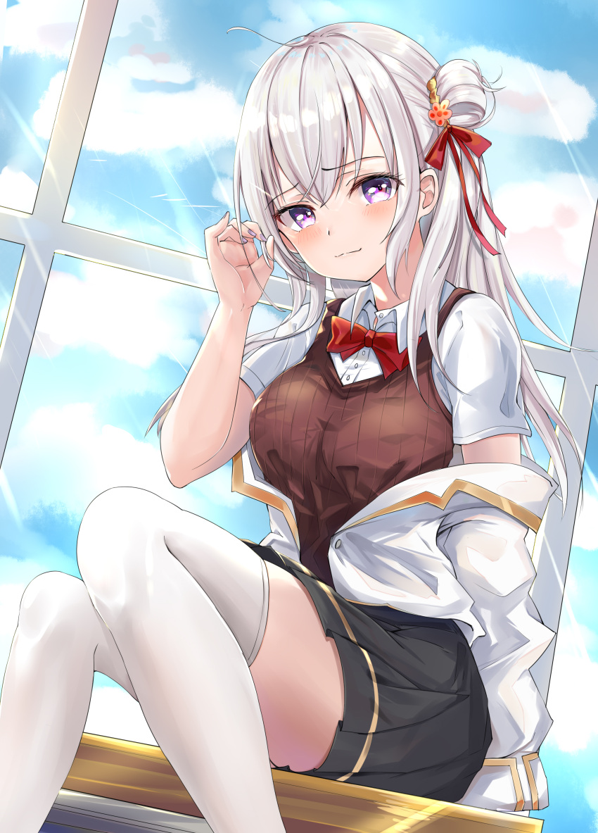 1girl, absurdres, arm_at_side, arm_up, bangs, black_skirt, bow, bowtie