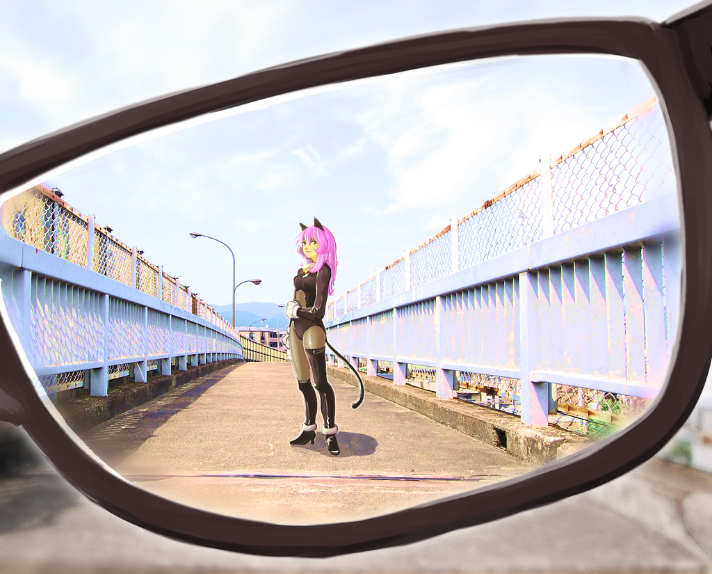 1girl, animal_ears, asymmetrical_legwear, black_leotard, bodysuit, bridge, brown_legwear, cat_ears