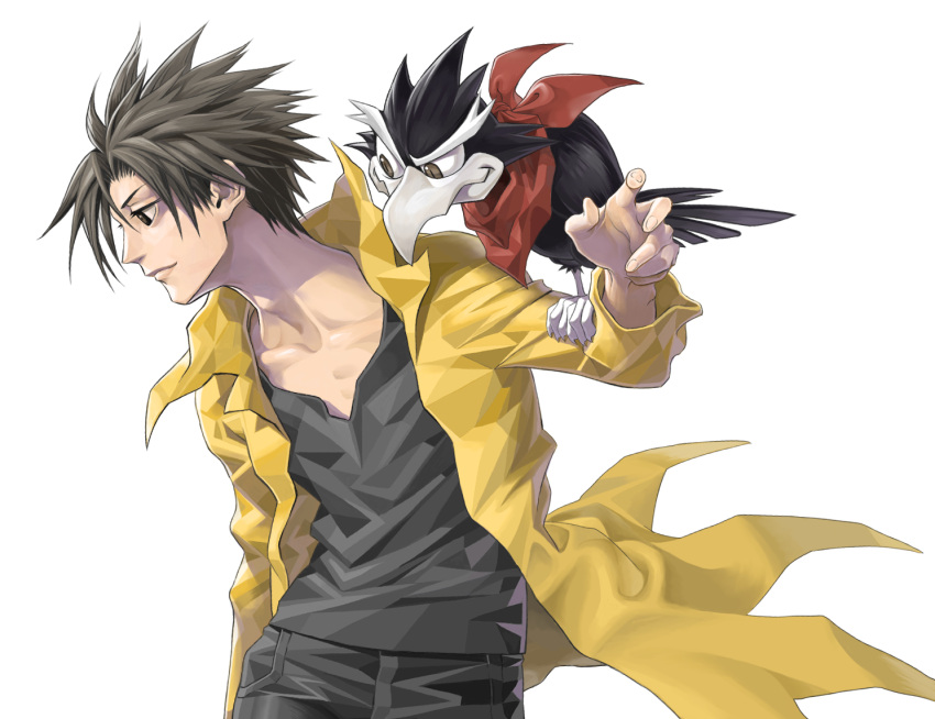 1boy, animal_on_arm, arm_up, bird, bird_on_arm, black_hair, black_shirt, brown_eyes