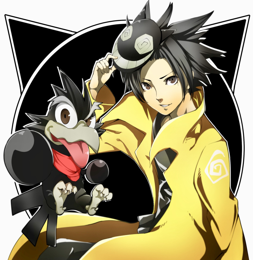 1boy, beak, bird, black_hair, brown_eyes, claws, coat, foreshortening
