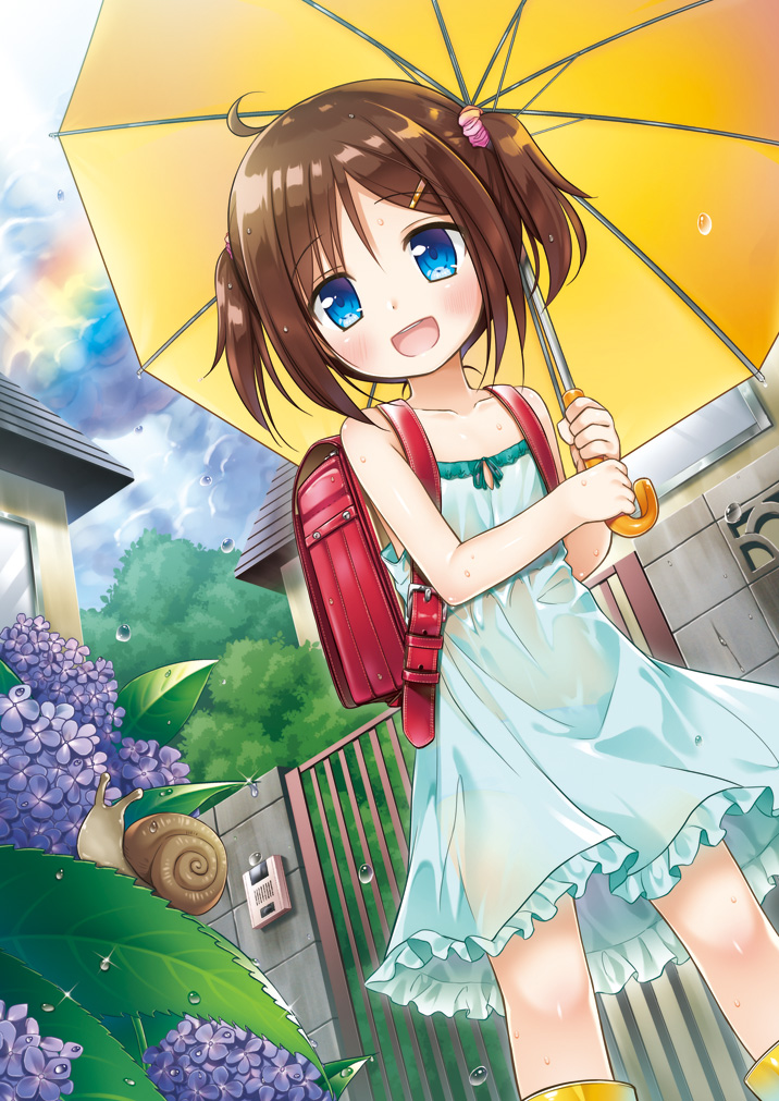 1girl, :d, backpack, bag, bare_arms, bare_shoulders, blue_eyes, boots, brown_hair, building, child, clouds, commentary_request, day, dress, eyebrows_visible_through_hair, flower, gate, green_dress, hair_ornament, hairclip, holding, holding_umbrella, house, hydrangea, open_mouth, original, outdoors, plant, rain, rainbow, randoseru, revision, rubber_boots, scrunchie, see-through, short_hair, sky, sleeveless, sleeveless_dress, smile, snail, solo, sundress, two_side_up, umbrella, wall, water_drop, wet, wet_clothes, wet_dress, yellow_footwear, yellow_umbrella, yukino_minato