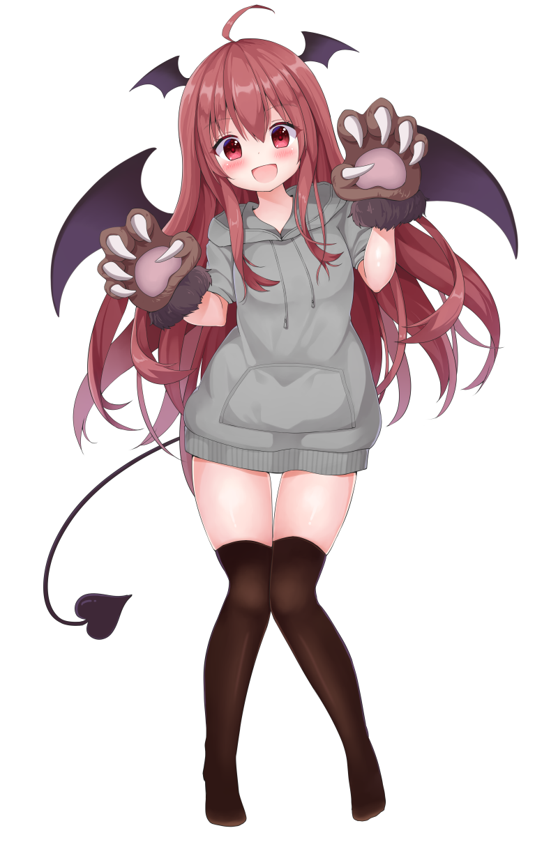 1girl, ahoge, alternate_costume, bat_wings, black_legwear, demon_tail, drawstring, full_body