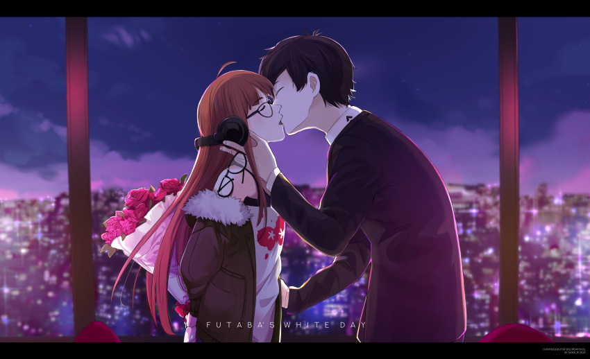 1boy, 1girl, absurdres, ahoge, amamiya_ren, arcsinus, black_hair, bouquet