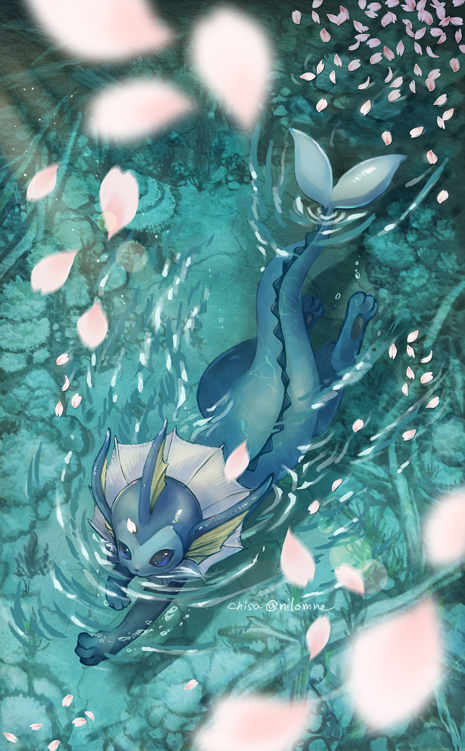 blue_eyes, cherry_blossoms, commentary_request, from_above, gen_1_pokemon, highres, momomo12, no_humans