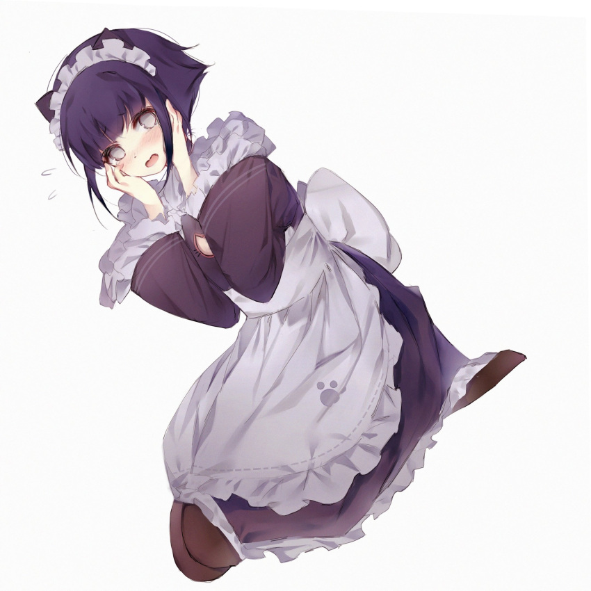 1girl, alternate_costume, animal_ears, apron, bangs, black_dress, blunt_bangs, blush, brown_legwear, cat_ears, dress, eyebrows_visible_through_hair, grey_eyes, hands_on_own_cheeks, hands_on_own_face, highres, hyuuga_hinata, long_sleeves, looking_at_viewer, maid, maid_apron, maid_headdress, naruto, naruto_(series), open_mouth, pantyhose, seiza, short_hair, simple_background, sitting, solo, white_background, yuishironeko