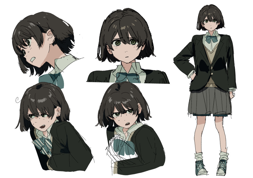 1girl, absurdres, annoyed, black_hair, expressionless, expressions, hair_between_eyes, highres