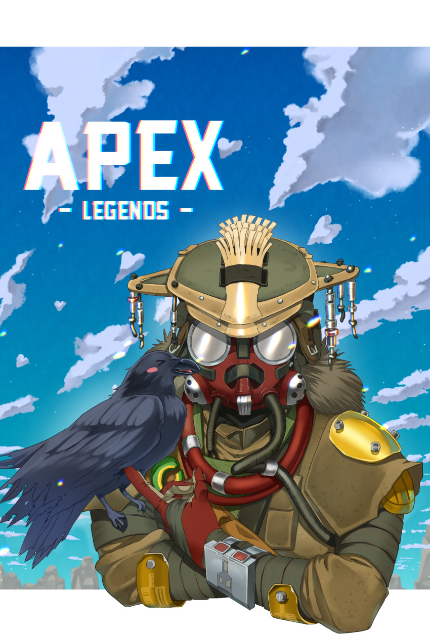 1other, ambiguous_gender, animal_on_arm, apex_legends, apmix, bird, bird_on_arm, bloodhound_(apex_legends), clouds, copyright_name, crow, gas_mask, gloves, helmet, highres, logo, mask, mouth_mask, poking, red_gloves, sky, solo