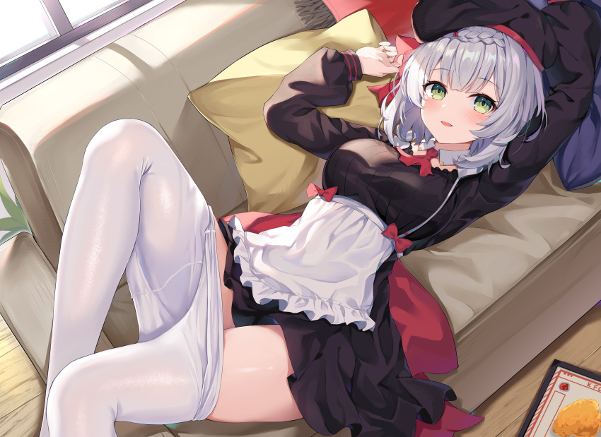 1girl, :d, absurdres, apron, arm_up, arms_up, ascot, beret