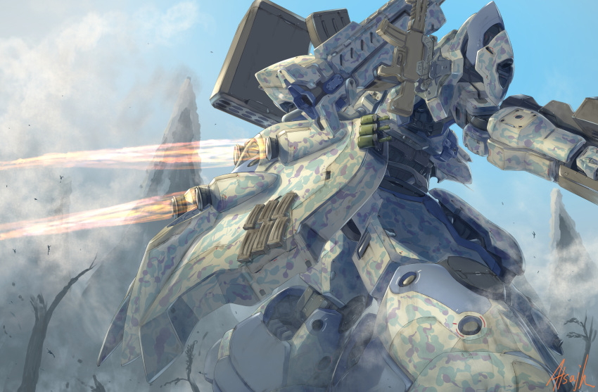 artist_name, atsajh, commission, dust, from_behind, gun, highres, holstered_weapon