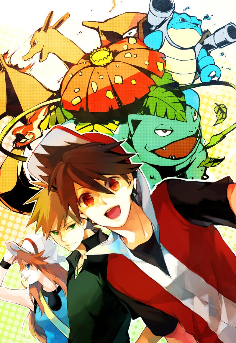 1girl, 2boys, blastoise, blue_(pokemon), blue_eyes, brown_hair, charizard, green_eyes