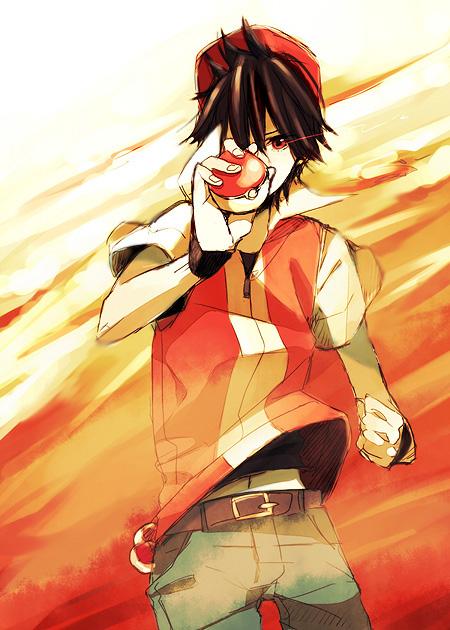 fingerless_gloves, gloves, hat, holding, holding_poke_ball, jeans, panko, poke_ball