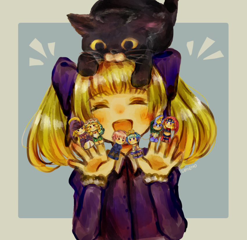 3boys, 4girls, ^_^, alice_(odin_sphere), animal_on_head, blonde_hair, cat, cat_on_head