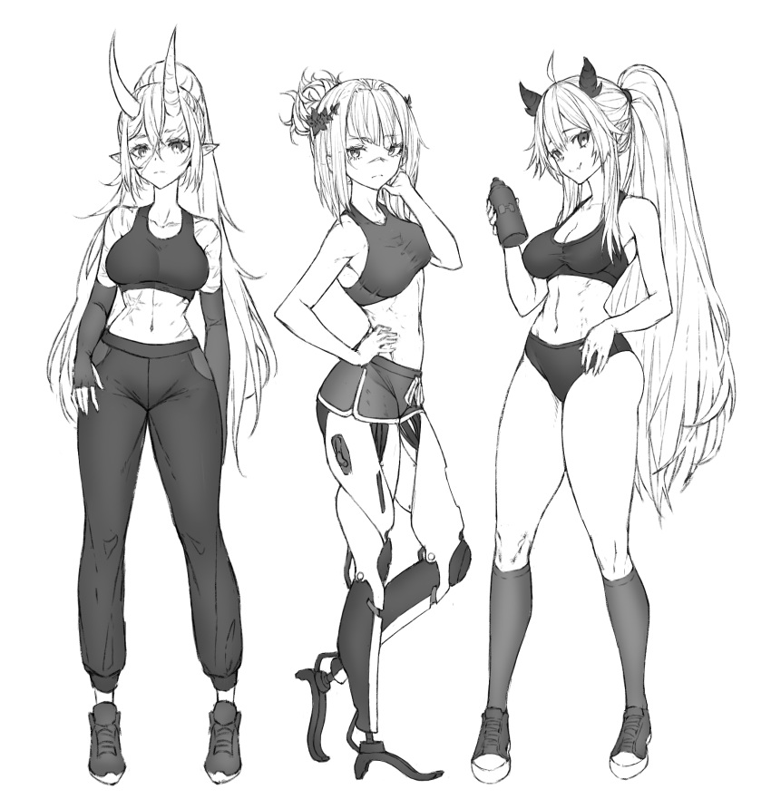 3girls, akumi_(yoclesh), alternate_costume, android, bangs, breasts, english_commentary, greyscale
