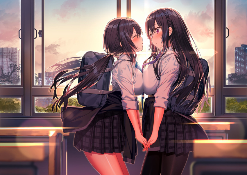 2girls, akusema, asymmetrical_docking, bag, bangs, black_hair, black_jacket, black_legwear