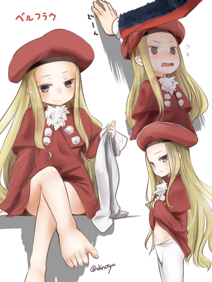 1girl, @_@, akino_shuu, barefoot, belfraw_martini, beret, blonde_hair, capelet