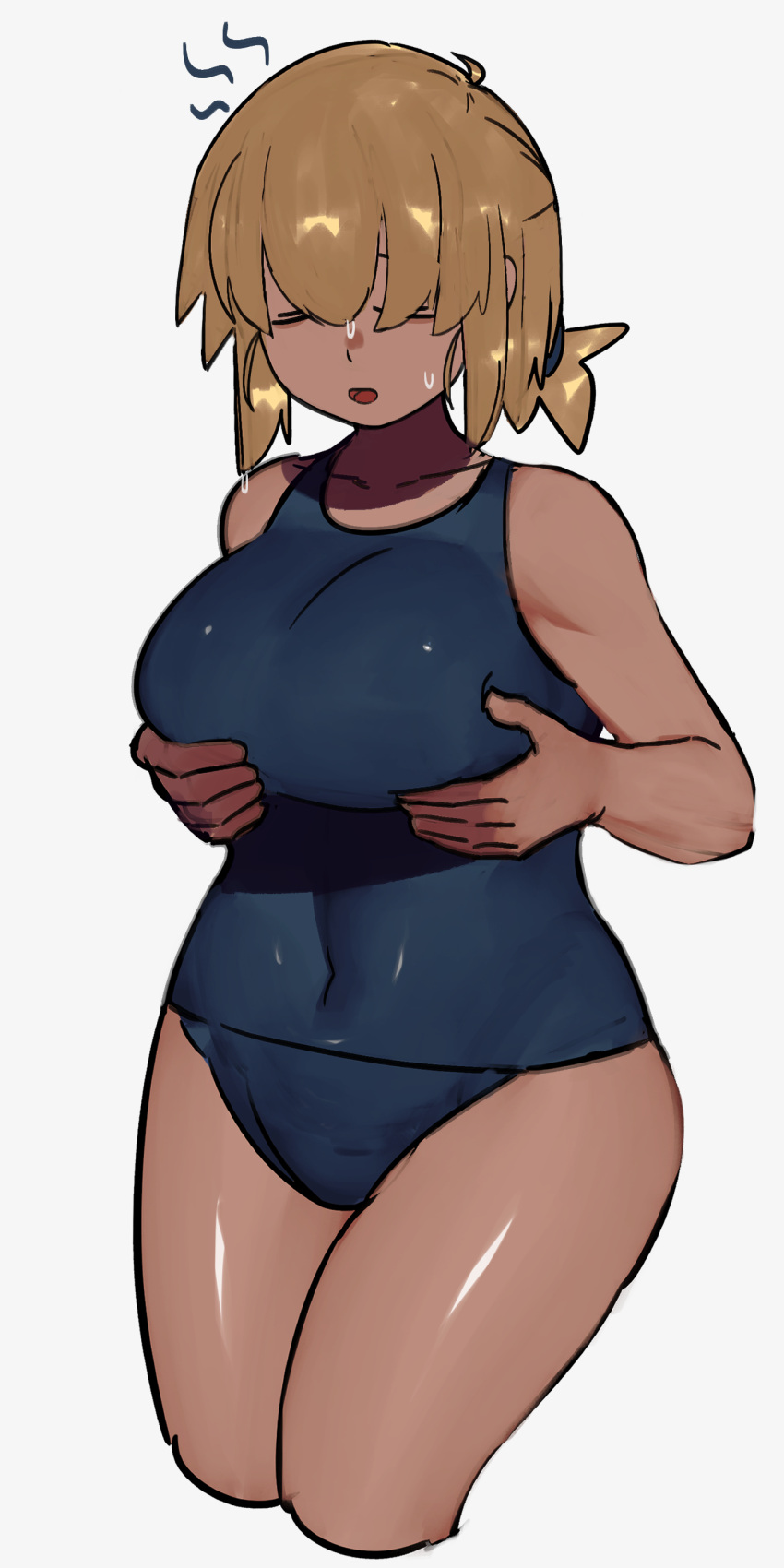 1girl, absurdres, blue_swimsuit, breast_lift, breasts, brown_hair, closed_eyes, covered_navel