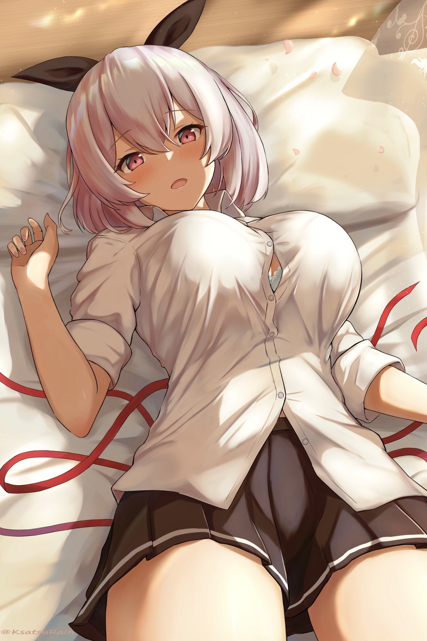 amano_kusatsu, azur_lane, back, bangs, bed, bed_sheet, black_skirt, bra