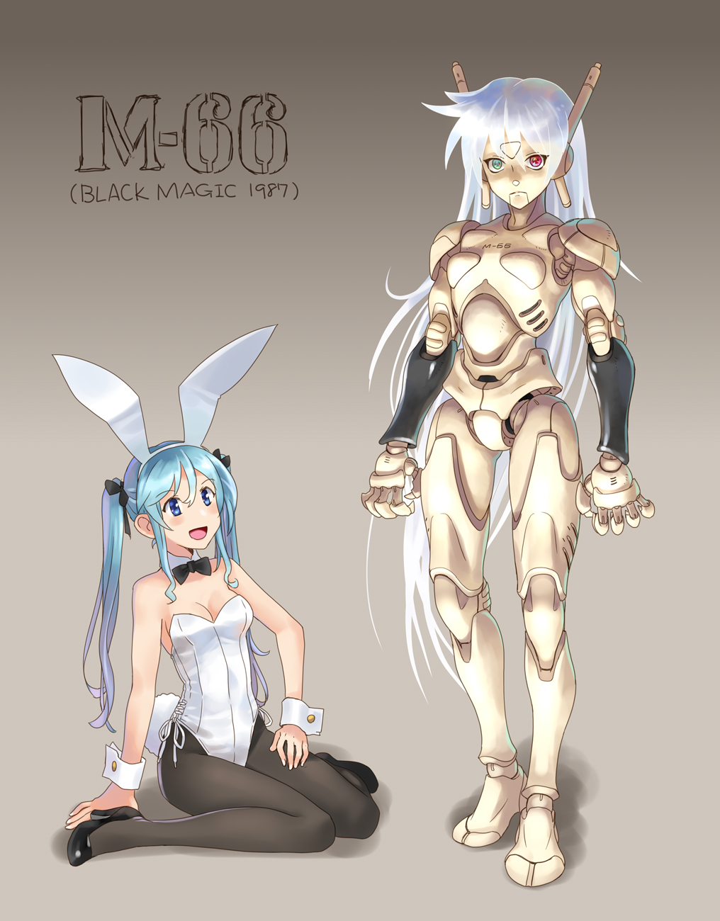 2girls, android, animal_ears, bangs, black_footwear, black_magic_m-66, black_neckwear, blue_eyes