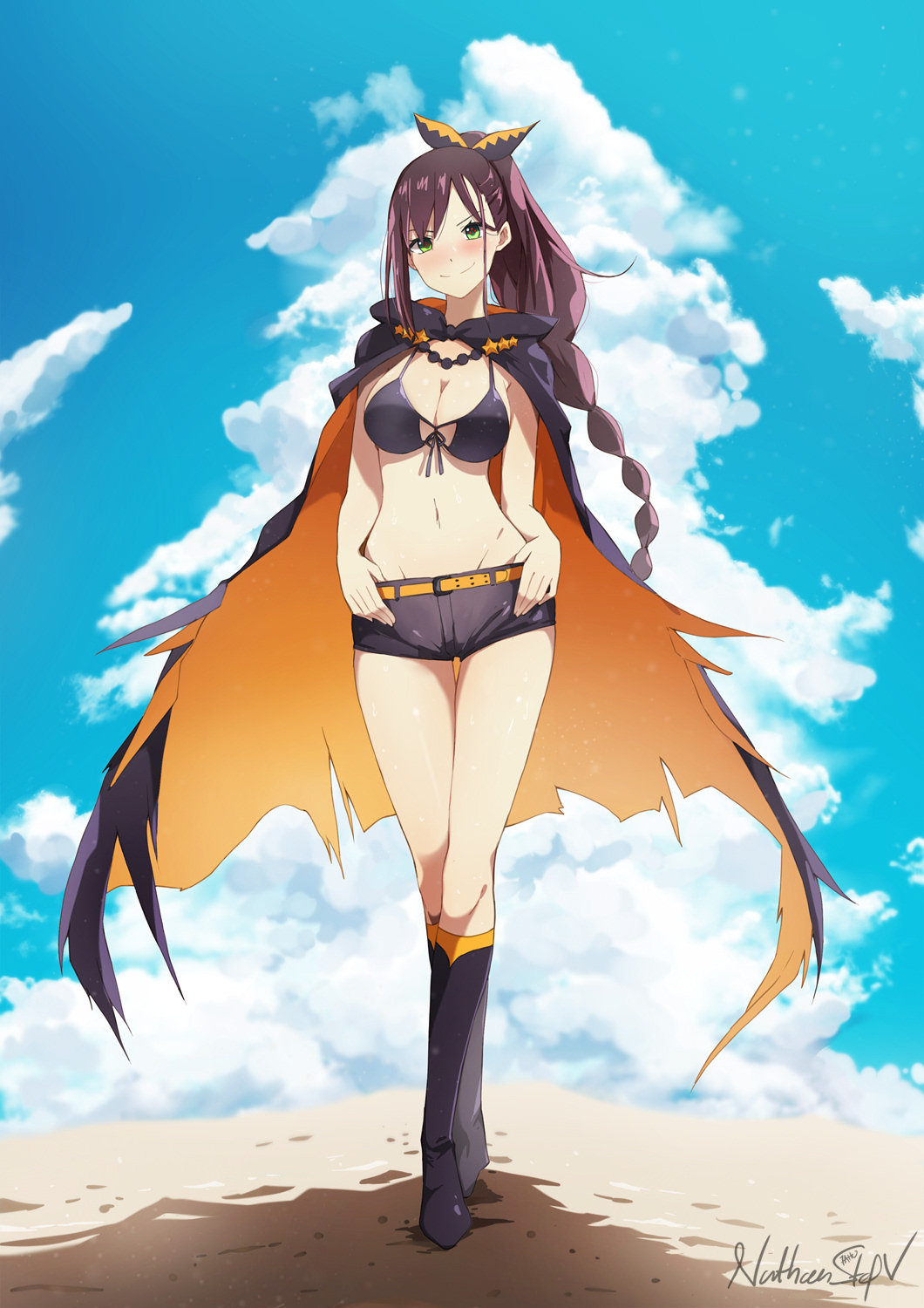 1girl, belt, bikini, bikini_top, boots, braid, braided_ponytail, breasts, brown_hair, cloak, closed_mouth, clouds, desert, green_eyes, highres, large_breasts, re:zero_kara_hajimeru_isekai_seikatsu, shaula_(re:zero), short_shorts, shorts, smile, solo, standing, stefv, swimsuit