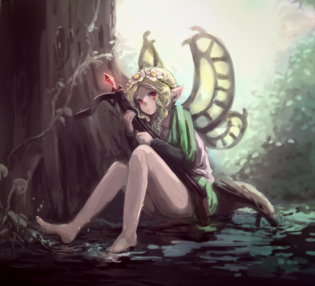 1girl, barefoot, blonde_hair, braid, crossbow, fairy, fairy_wings, flower