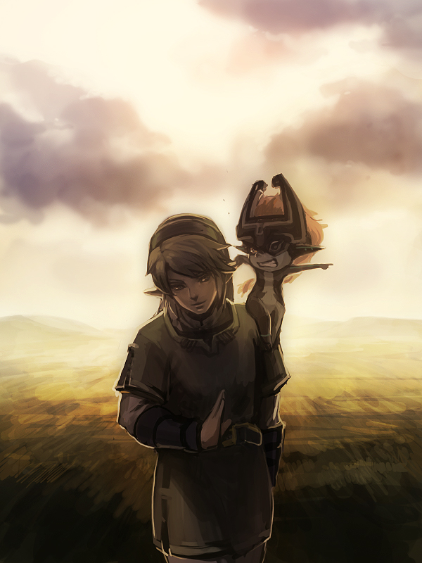 blonde_hair, grin, gunsorini, hat, link, midna, nintendo, orange_hair, pointy_ears, red_eyes, smile, the_legend_of_zelda, tunic, twilight_princess