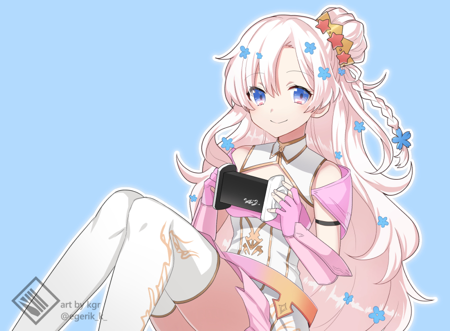 1girl, artist_name, asmr, bangs, blue_background, blue_flower, braid, cleavage_cutout