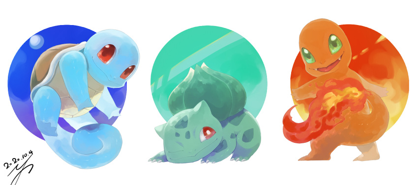 bright_pupils, bulbasaur, charmander, closed_mouth, commentary_request, dated, fangs, fire