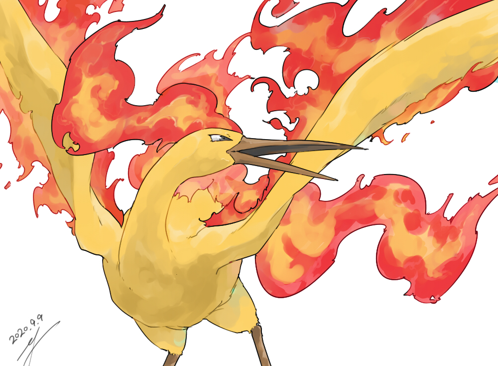 bird, commentary_request, dated, fire, gen_1_pokemon, grey_eyes, legendary_pokemon, looking_to_the_side