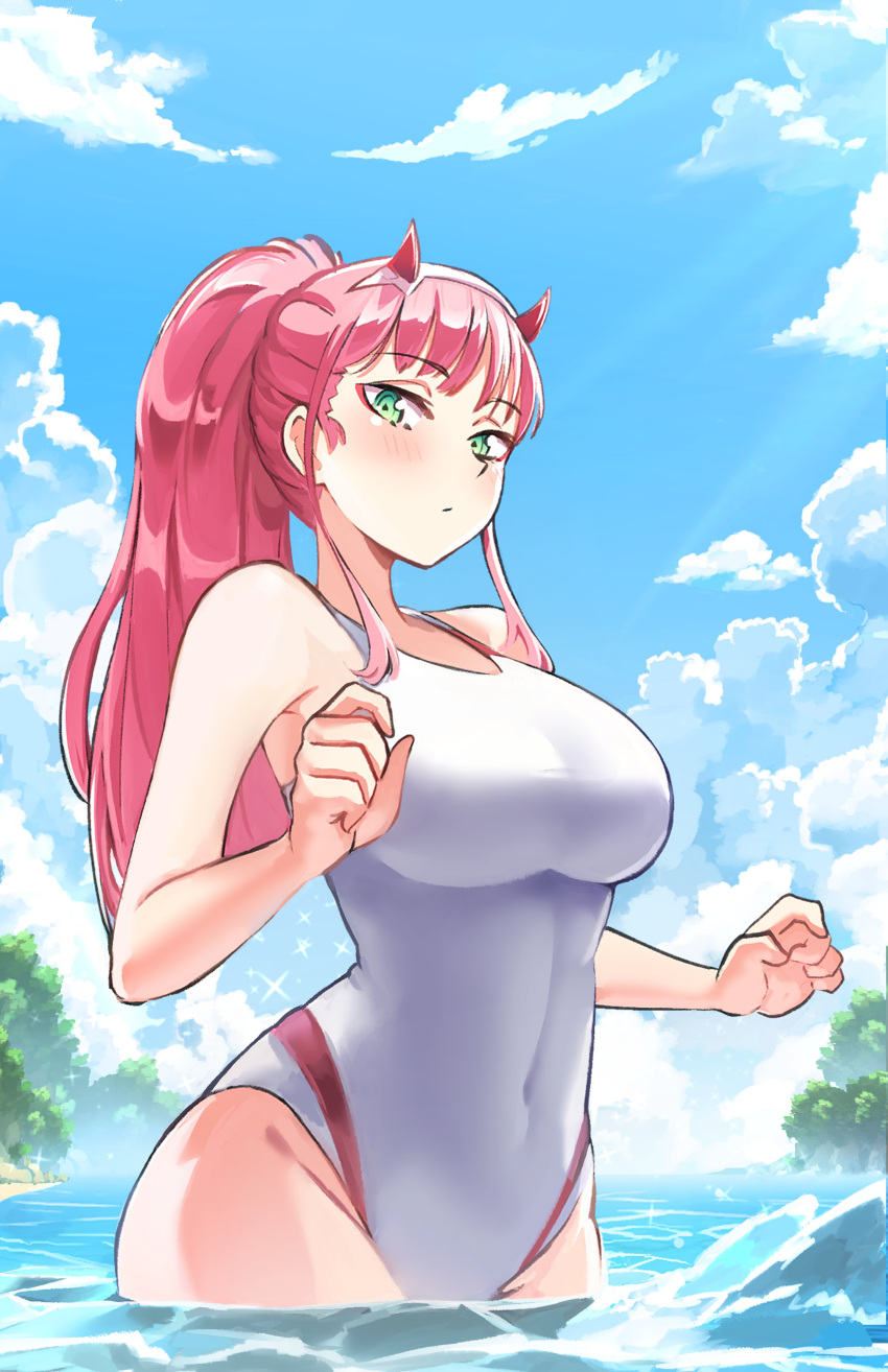 1girl, absurdres, aqua_eyes, beach, blue_sky, blush, breasts, clouds, commentary, coolisushi, darling_in_the_franxx, day, groin, half-closed_eyes, highres, horns, long_hair, looking_at_viewer, medium_breasts, ocean, one-piece_swimsuit, outdoors, pink_hair, ponytail, sky, solo, swimsuit, very_long_hair, white_swimsuit, zero_two_(darling_in_the_franxx)