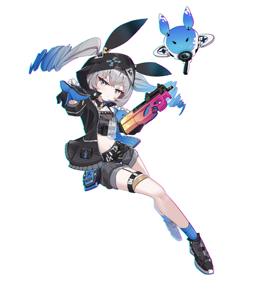 1girl, absurdres, animal_ears, belly, breasts, bronya_zaychik, bullpup, drill_hair