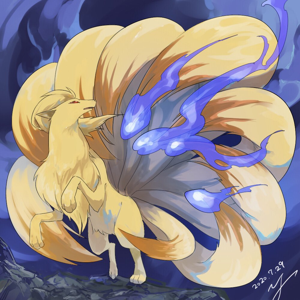 commentary_request, dated, gen_1_pokemon, looking_back, ninetales, no_humans, open_mouth, paws
