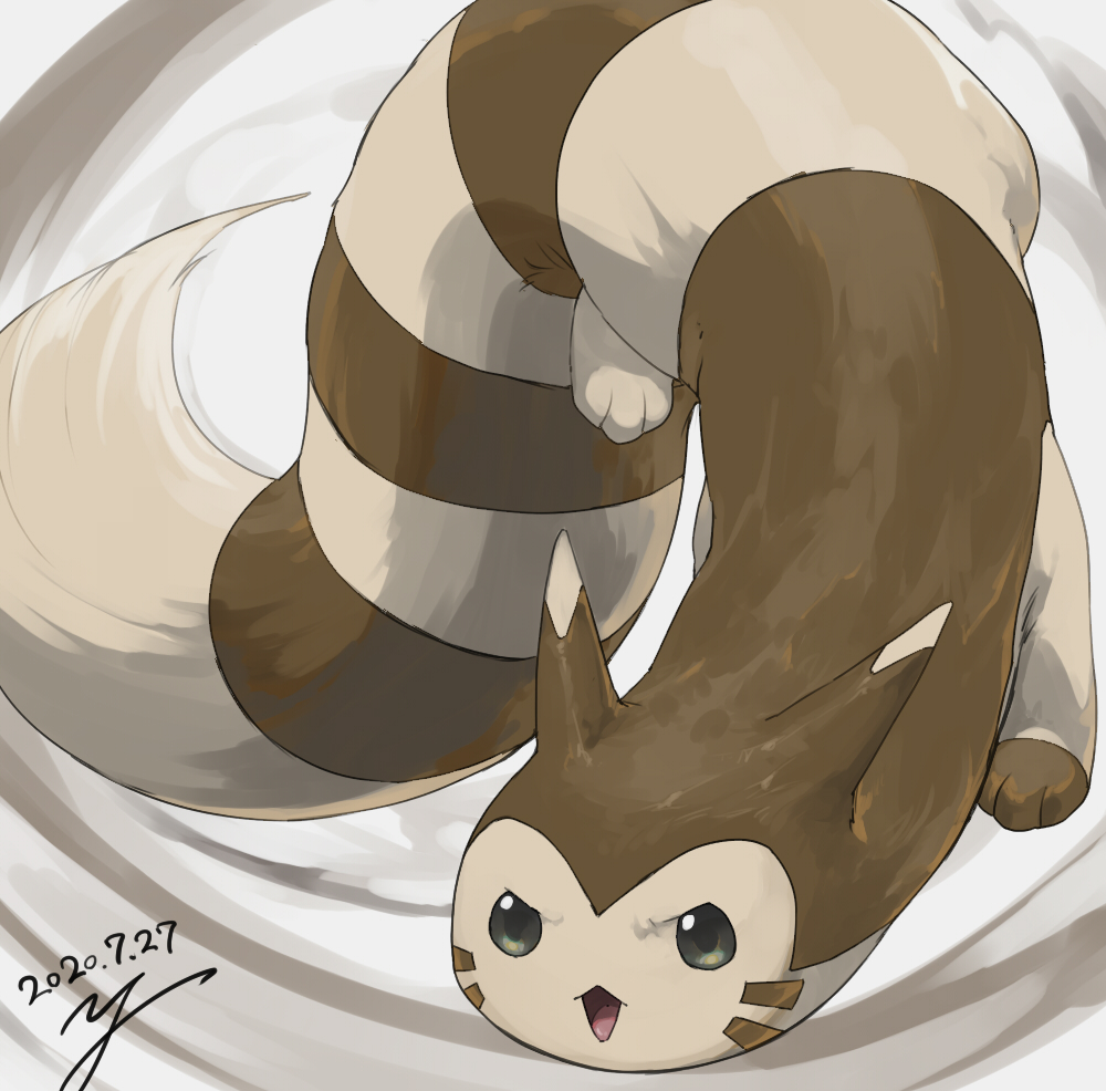 commentary_request, dated, furret, gen_2_pokemon, green_eyes, no_humans, open_mouth, paws
