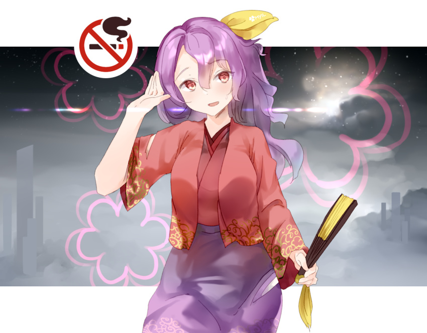 1girl, cowboy_shot, fairyfloss, fan, hair_ribbon, hand_up, japanese_clothes, komakusa_sannyo