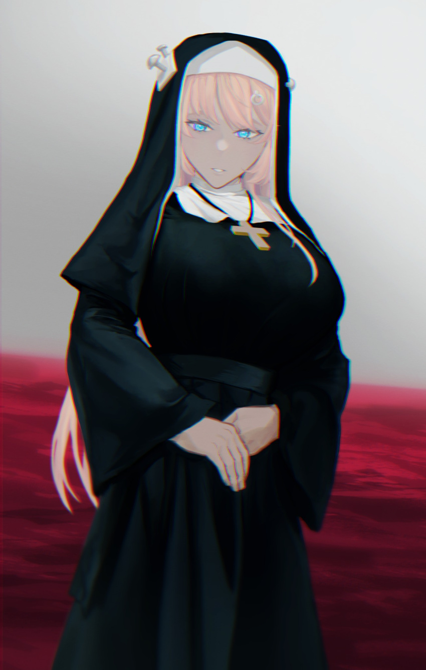 1girl, alternate_costume, bangs, black_dress, blonde_hair, blue_eyes, breasts, chromatic_aberration, churururin, cross, cross_necklace, dress, english_commentary, habit, hands_together, highres, hime_hajime, jewelry, large_breasts, looking_down, necklace, nun, parted_lips, power_symbol, screw_in_head, solo, virtual_youtuber, vshojo